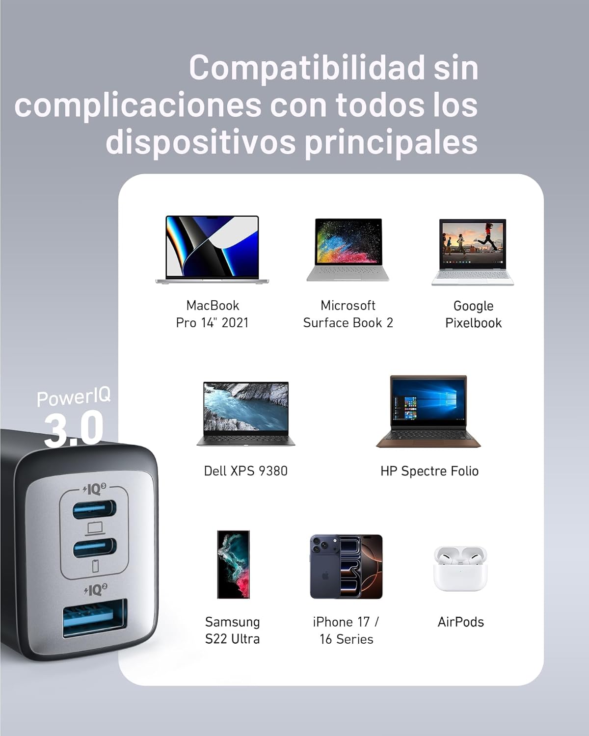 Anker Cargador, 65 W, 3 puertos, rápido, plegable, USB C, bloque de cargador para MacBook Pro/Air, iPad Pro