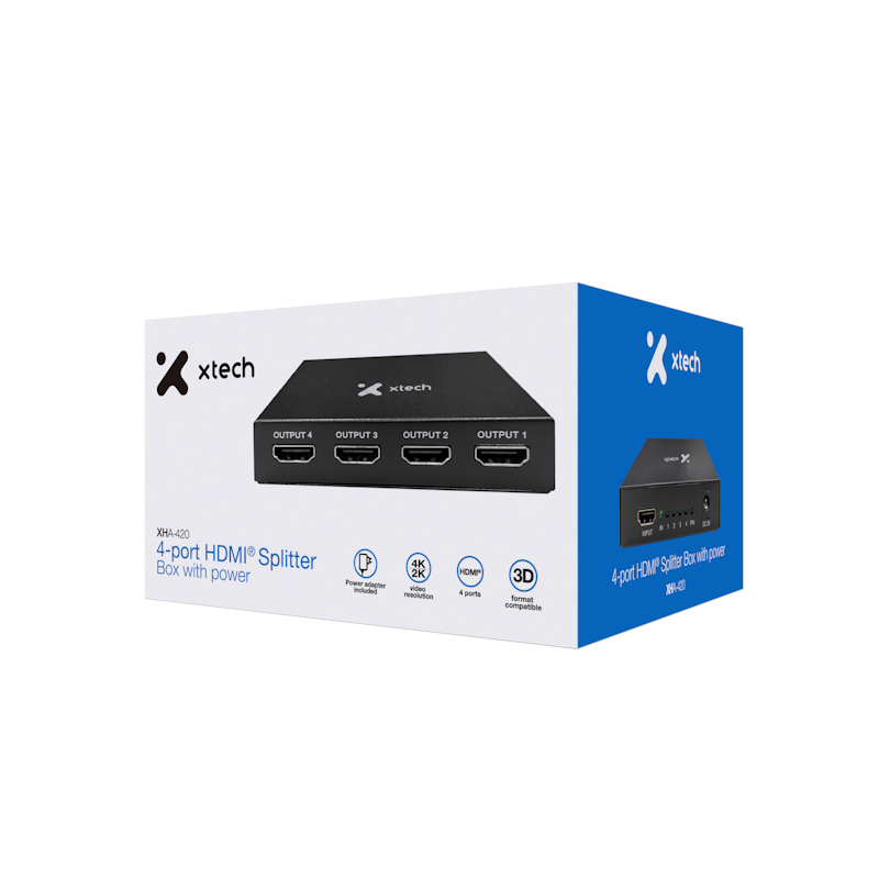 Multiplicador HDMI® de 4 puertos con alimentación de corriente  Xtech 420