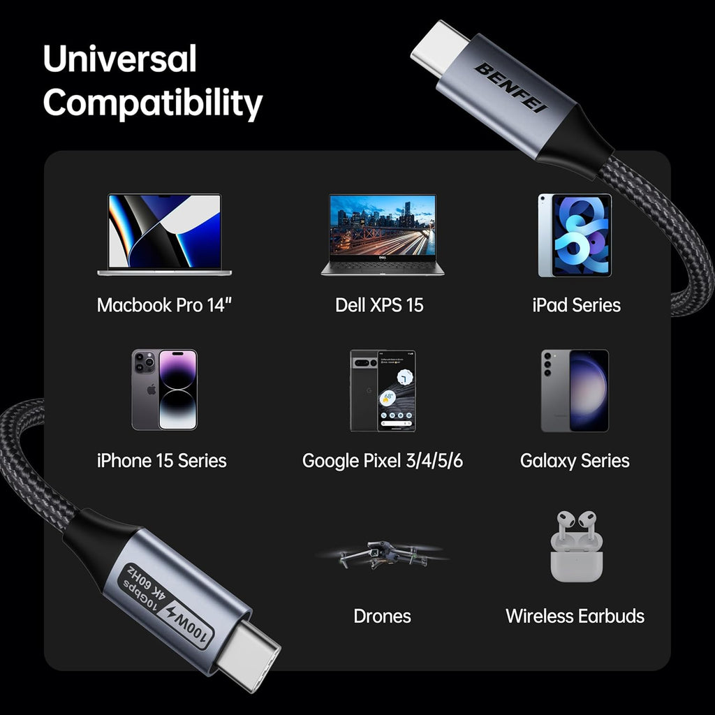 Cable De Monitor Usb C A Usb C (4K A 120 Hz), Carga Rápida Pd De 100 W, Transferencia De Datos De 10 Gbps Benfei