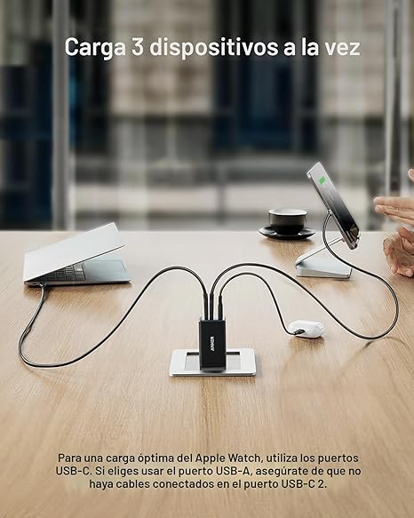 Anker Cargador, 65 W, 3 puertos, rápido, plegable, USB C, bloque de cargador para MacBook Pro/Air, iPad Pro