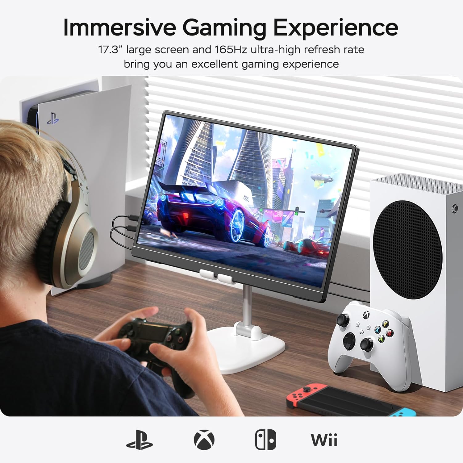 MNN Monitor portátil de 17.3" 2.5K 165Hz Monitor de juegos, pantalla externa USB-C y HDMI con soporte.