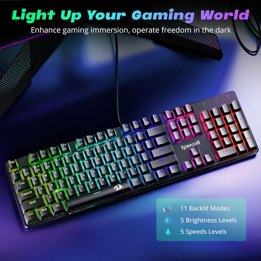 Redragon Teclado Mecánico para Juegos con Cable, 11 Modos Retroiluminados Programables, Interruptor Rojo Intercambiable en Caliente, Anti-Ghosting, Teclas PBT